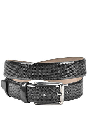 DeepSEA Erkek Siyah Klasik Parlak Suni Deri Kemer 3,5 cm Lazer İşlemeli Suni Deri Kemer 2502653