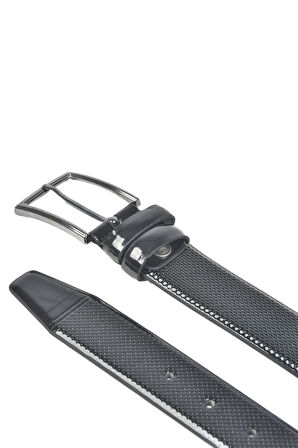 DeepSEA Erkek Siyah Klasik Parlak Suni Deri Kemer 3,5 cm Lazer İşlemeli Suni Deri Kemer 2502653