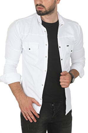 DeepSEA Erkek Beyaz Büyük Beden Pamuklu Likralı Spor Gömlek – Dar Kalıp, Çıt Çıt Kapamalı 2500423