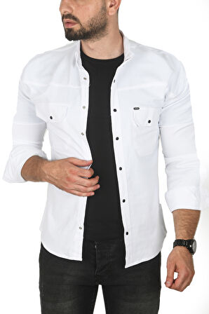 DeepSEA Erkek Beyaz Büyük Beden Pamuklu Likralı Spor Gömlek – Dar Kalıp, Çıt Çıt Kapamalı 2500423