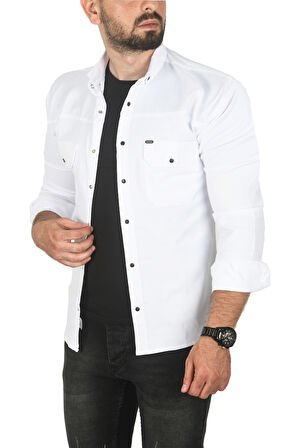 DeepSEA Erkek Beyaz Büyük Beden Pamuklu Likralı Spor Gömlek – Dar Kalıp, Çıt Çıt Kapamalı 2500423