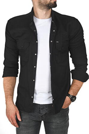 DeepSEA Erkek Siyah Büyük Beden Pamuklu Likralı Spor Gömlek – Dar Kalıp, Çıt Çıt Kapamalı 2500423