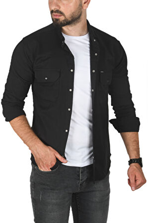 DeepSEA Erkek Siyah Büyük Beden Pamuklu Likralı Spor Gömlek – Dar Kalıp, Çıt Çıt Kapamalı 2500423