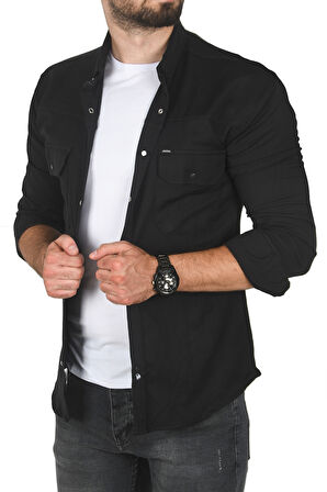 DeepSEA Erkek Siyah Büyük Beden Pamuklu Likralı Spor Gömlek – Dar Kalıp, Çıt Çıt Kapamalı 2500423