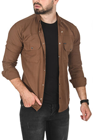 DeepSEA Erkek Kahve Büyük Beden Pamuklu Likralı Spor Gömlek – Dar Kalıp, Çıt Çıt Kapamalı 2500423