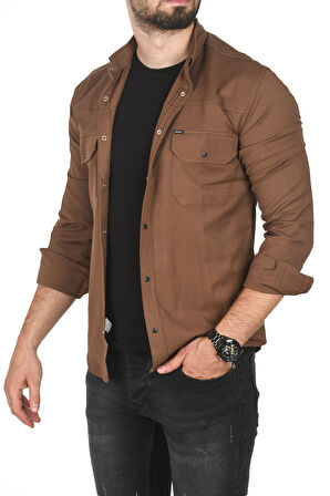 DeepSEA Erkek Kahve Büyük Beden Pamuklu Likralı Spor Gömlek – Dar Kalıp, Çıt Çıt Kapamalı 2500423