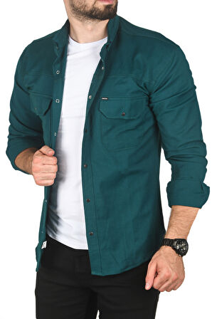 DeepSEA Erkek Yeşil Büyük Beden Pamuklu Likralı Spor Gömlek – Dar Kalıp, Çıt Çıt Kapamalı 2500423