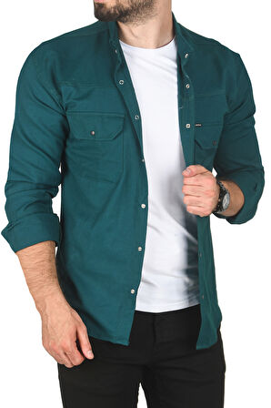 DeepSEA Erkek Yeşil Büyük Beden Pamuklu Likralı Spor Gömlek – Dar Kalıp, Çıt Çıt Kapamalı 2500423