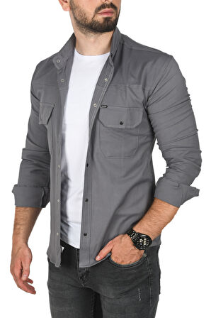 DeepSEA Erkek Gri Büyük Beden Pamuklu Likralı Spor Gömlek – Dar Kalıp, Çıt Çıt Kapamalı 2500423