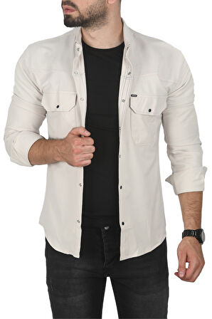 DeepSEA Erkek Bej Büyük Beden Pamuklu Likralı Spor Gömlek – Dar Kalıp, Çıt Çıt Kapamalı 2500423