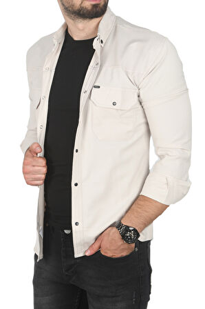 DeepSEA Erkek Bej Büyük Beden Pamuklu Likralı Spor Gömlek – Dar Kalıp, Çıt Çıt Kapamalı 2500423