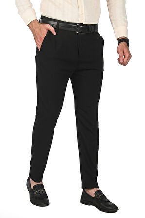 DeepSEA Erkek Siyah İtalyan Kesim Likralı Spor Pantolon Esnek Kumaş Bilek Boy Boru Paça Klasik Pantolon 2502005