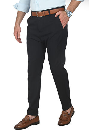 DeepSEA Erkek Lacivert İtalyan Kesim Likralı Spor Pantolon Esnek Kumaş Bilek Boy Boru Paça Klasik Pantolon 2502005