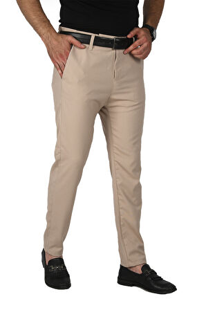 DeepSEA Erkek Bej İtalyan Kesim Tüylenmez Likralı Spor Pantolon Esnek Kumaş Bilek Boy Boru Paça Klasik Pantolon 2502005