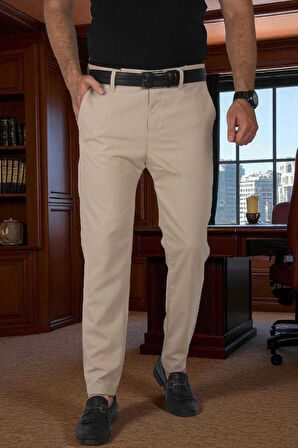 DeepSEA Erkek Bej İtalyan Kesim Likralı Spor Pantolon Esnek Kumaş Bilek Boy Boru Paça Klasik Pantolon 2502005