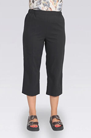 Tolga Saraçoğlu Kadın İnce Kumaş Beli Lastikli Rahat Kesim Kapri 30267 Siyah