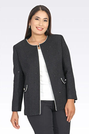 Tolga Saraçoğlu Kadın Kontrast Biye Detaylı Şık Şanel Ceket 0124 Siyah