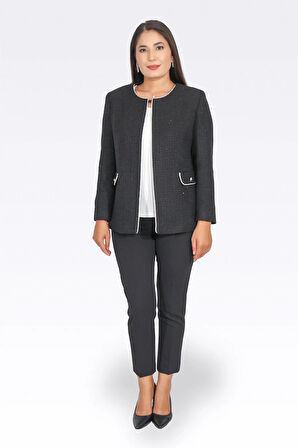 Tolga Saraçoğlu Kadın Kontrast Biye Detaylı Şık Şanel Ceket 0124 Siyah