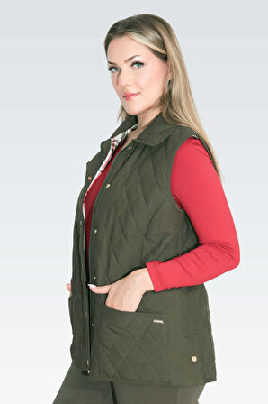 Tolga Saraçoğlu Kadın Ekose Astar Detaylı Hafif Elyaf Kapitone Yelek 70043 Haki