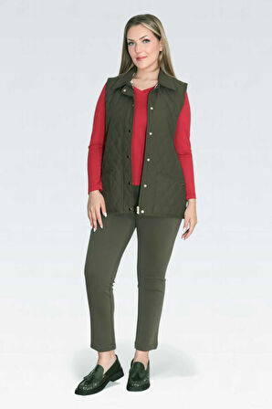 Tolga Saraçoğlu Kadın Ekose Astar Detaylı Hafif Elyaf Kapitone Yelek 70043 Haki