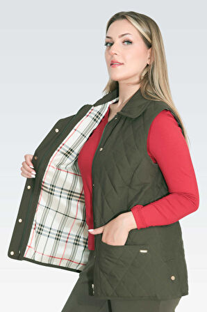 Tolga Saraçoğlu Kadın Ekose Astar Detaylı Hafif Elyaf Kapitone Yelek 70043 Haki