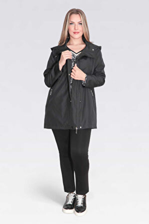 Tolga Saraçoğlu Kadın Demonte Kapüşon Devrik Yaka Rahat Kesim Trençkot 60131 Siyah