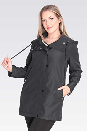 Tolga Saraçoğlu Kadın Demonte Kapüşon Devrik Yaka Rahat Kesim Trençkot 60131 Siyah