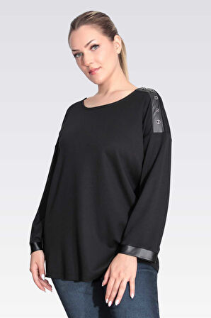 Tolga Saraçoğlu Kadın Suni Deri Detaylı Rahat Kesim Örme Bluz 11089 Siyah