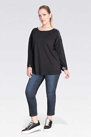 Tolga Saraçoğlu Kadın Suni Deri Detaylı Rahat Kesim Örme Bluz 11089 Siyah