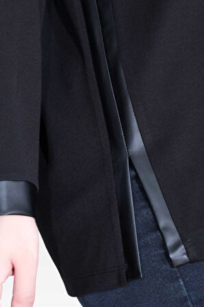 Tolga Saraçoğlu Kadın Suni Deri Detaylı Rahat Kesim Örme Bluz 11089 Siyah