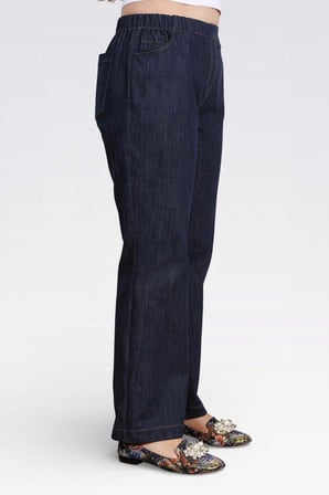 Tolga Saraçoğlu Kadın Beli Lastikli Rahat Kesim Boru Paça Denim Pantolon 30148 Lacivert