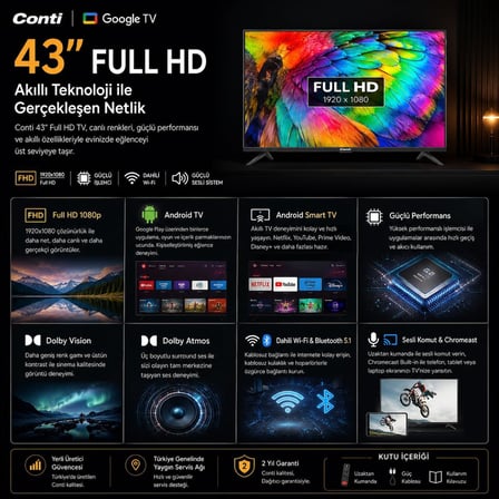 43” Full HD Android TV (CT43AN300F), HDR, Çerçevesiz, Dahili Uydu Alıcı, Wi-Fi, Bluetooth, Chromecast Built-in, Dolby Audio, 2x HDMI, Smart TV
