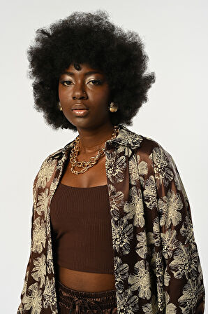 KADIN KAHVERENGİ RENK ÇİÇEKLİ OVERSİZE KESİM GÖMLEK