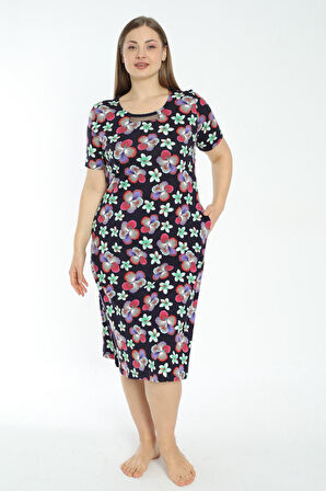 Kadın Çiçek Desenli Tül Detaylı Cepli Büyük Beden Kısa Kollu Elbise