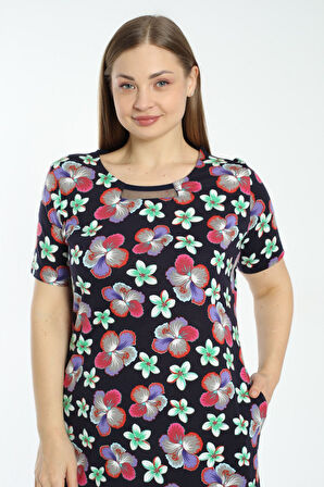 Kadın Çiçek Desenli Tül Detaylı Cepli Büyük Beden Kısa Kollu Elbise