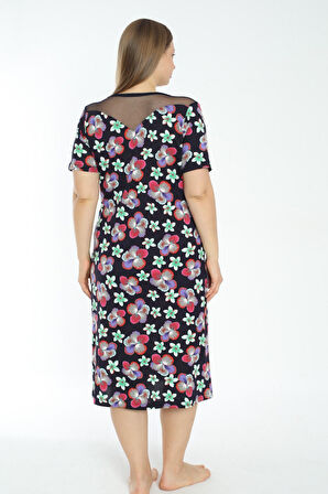 Kadın Çiçek Desenli Tül Detaylı Cepli Büyük Beden Kısa Kollu Elbise