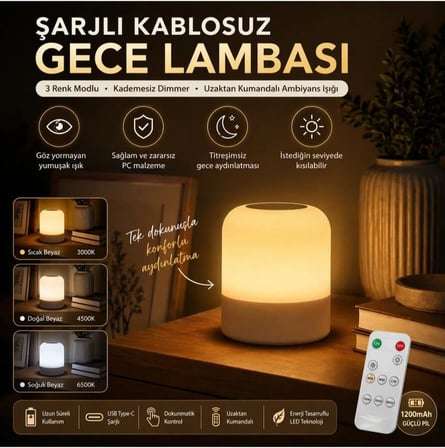 3 Renkli Şarjlı Gece Lambası Kumandalı Kablosuz Masa Lambası
