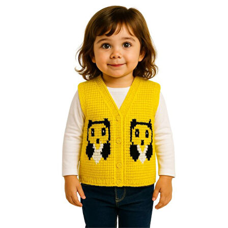 Uretti - Çiğdem 1390 1873 El Örgüsü Ayıcık Suratı Desenli Örgü Yelek - 1 - 3 Yaş