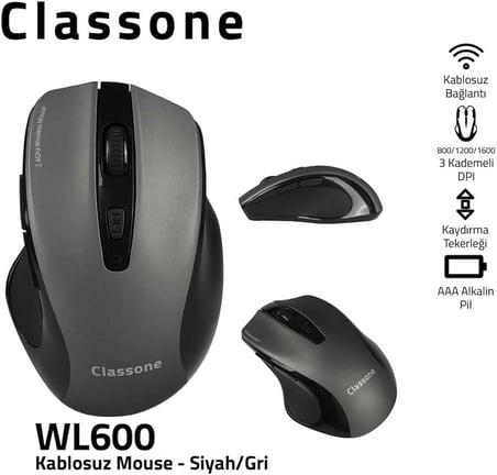 Classone WL600 Serisi Kablosuz Mouse, Siyah/Gri