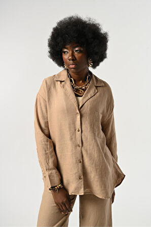 KADIN KARAMEL RENGİ %100 KETEN TEK CEPLİ UZUN KOLLU GÖMLEK