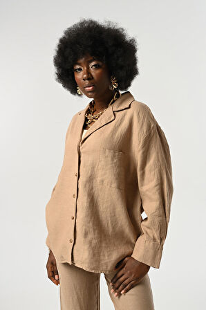 KADIN KARAMEL RENGİ %100 KETEN TEK CEPLİ UZUN KOLLU GÖMLEK