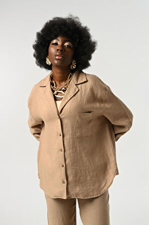 KADIN KARAMEL RENGİ %100 KETEN TEK CEPLİ UZUN KOLLU GÖMLEK