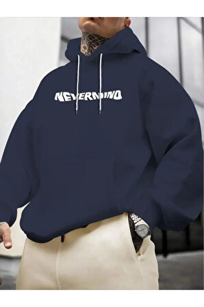 Erkek Lacivert Oversize Nevermınd Baskılı Sweatshirt