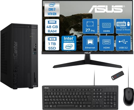 Asus Expertcenter D501MER  Intel® Core™ İ7-14700 48GB Ddr5 1tb SSD Intel® UHD Graphics 770 Freedos +27" 120Hz Monitör Mini Tower Masaüstü Bilgisayar 27WD501MERF18+ZETTAUSBBELLEK