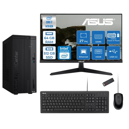 Asus Expertcenter D501MER  Intel® Core™ İ7-14700 64GB Ddr5 512GB SSD Intel® UHD Graphics 770 Freedos +27" 120Hz Monitör Mini Tower Masaüstü Bilgisayar 27WD501MERF22+ZETTAUSBBELLEK