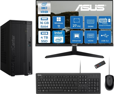 Asus Expertcenter D501MER  Intel® Core™ İ7-14700 16GB Ddr5 4tb SSD Intel® UHD Graphics 770 WIN11HOME +27" 120Hz Monitör Mini Tower Masaüstü Bilgisayar 27WD501MERH05+ZETTAUSBBELLEK
