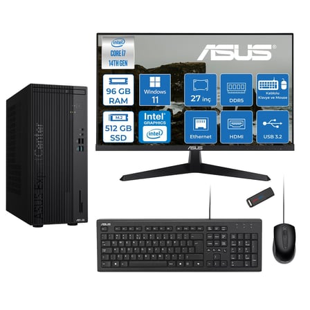 Asus Expertcenter D501MER  Intel® Core™ İ7-14700 96GB Ddr5 512GB SSD Intel® UHD Graphics 770 WIN11PRO +27" 120Hz Monitör Mini Tower Masaüstü Bilgisayar 27WD501MERP32+ZETTAUSBBELLEK