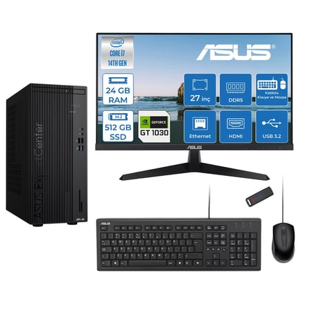 Asus Expertcenter D501MER  Intel® Core™ İ7-14700 24GB Ddr5 512GB SSD 4GB/GT1030  Freedos +27" 120Hz Monitör Mini Tower Masaüstü Bilgisayar 27WD501MER21F07+ZETTAUSBBELLEK