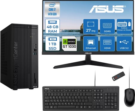 Asus Expertcenter D501MER  Intel® Core™ İ7-14700 48GB Ddr5 1tb SSD 4GB/GT1030  Freedos +27" 120Hz Monitör Mini Tower Masaüstü Bilgisayar 27WD501MER21F18+ZETTAUSBBELLEK