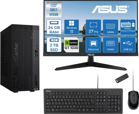 Asus Expertcenter D501MER  Intel® Core™ İ7-14700 24GB Ddr5 2tb SSD 4GB/GT1030  WIN11PRO +27" 120Hz Monitör Mini Tower Masaüstü Bilgisayar 27WD501MER21P09+ZETTAUSBBELLEK